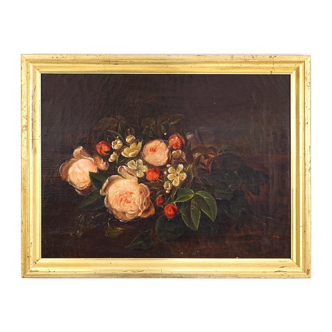 Flower painting, oil on linen, Stilleben with 
roses, signed
"F B 1862"