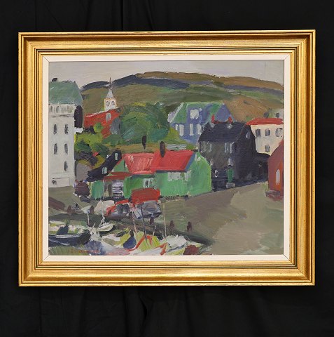 Ingálvur av Reyni, 1920-2005: Kleine Stadt, Färöer 
Insel. Öl auf Leinen. Signiert und datiert 1944. 
Lichtmasse: 53,5x63,5cm. Mit Rahmen: 
70x80cm