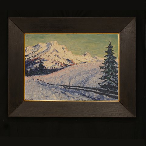 Heinrich Blunck, 1891-1963, Vinterlandskab i 
Alperne. Olie på plade. Signeret. Lysmål: 35x50cm. 
Med ramme: 52x67cm