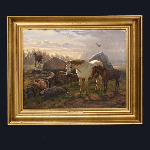 Simon Simonsen, 1841-1928: Tre heste stående på 
bakketop i opklaring efter uvejr. Dateret og 
signeret 1864. Lysmål: 31x40cm. Med ramme: 42x51cm