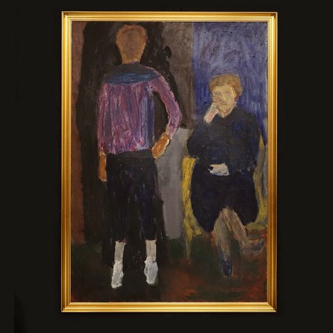 Jens Søndergaard, 1895-1957: "Standing and sitting 
girls". Signed and dated 1953-54-55. Oil on 
canvas. Visible size: 150x105cm