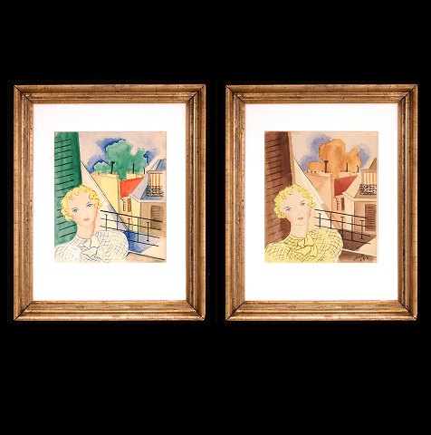 Rita Kernn Larsen, 1904-98, To akvareller: "Pige 
siddende på altan". Signeret og én dateret "Paris 
34". Udstillet på Gl. Holtegaard 2019 "Solo" og 
afbildet i katalog pp. 24-25. Lysmål: 27x22cm. Med 
ramme: 48x38cm