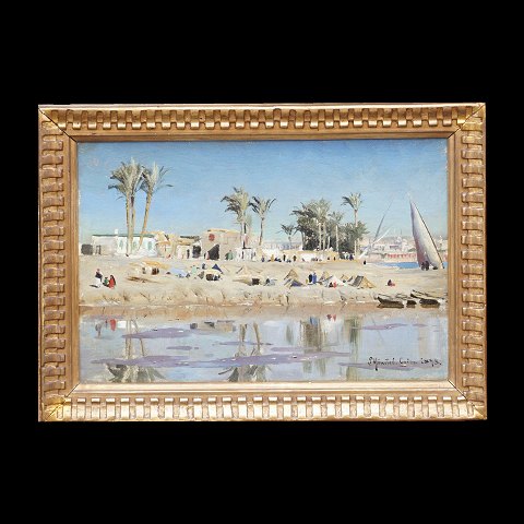 Peder Mønsted, 1859-1941, olie på lærred: 
"Beduinlejr ved bredden af Nilen". Signeret og 
dateret Cairo 1896. I original plysramme, der kan 
afmonteres. Lysmål: 19x29cm. Med ramme: 42x52cm