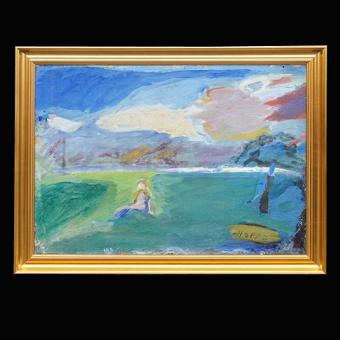 Erik Hoppe, 1896-1968, olie på lærred: Sommermotiv 
fra Søndermarken. Signeret. Lysmål: 50x69cm. Med 
ramme: 60x79cm