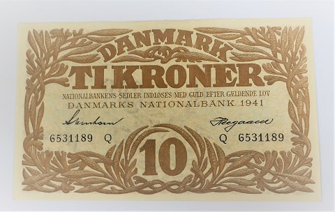 Danmark. Pengeseddel 10 kr 1941 Q. Kvalitet Ucirkuleret