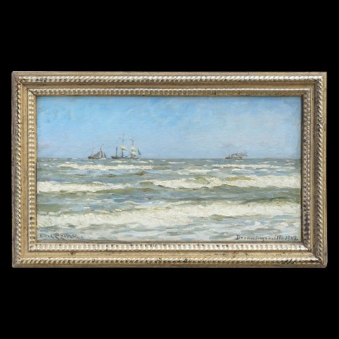 Carl Locher marinebillede, Dronningmølle. Carl 
Locher, 1851-1915, olie på lærred monteret på 
plade. Signeret "Carl Locher Dronningmølle 1902". 
Lysmål: 29x52cm. Med ramme: 39x62cm