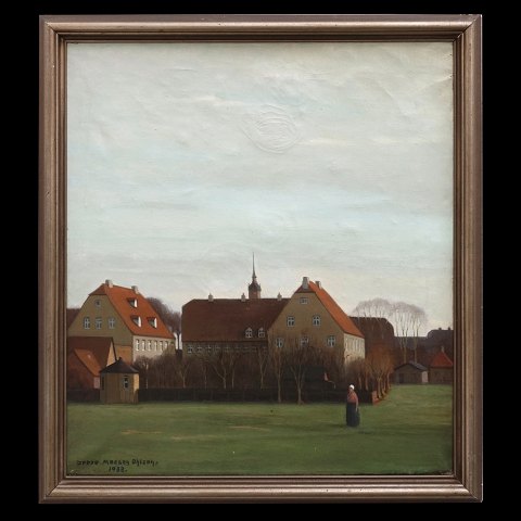 Jeppe Madsen-Ohlsen, 1891-1948, Christiansfeld. 
Partie aus Christiansfeld, Nordschleswig. Signiert 
und datiert 1938. Lichtmasse: 57x50cm. Mit Rahmen: 
64x57cm