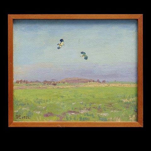 Johannes Larsen, 1867-1961, Öl auf Leinen. 
Landschaft mit Kiebitzen. Signiert und datiert 
1931. Lichtmasse: 46x55cm. Mit Rahmen: 59x68cm