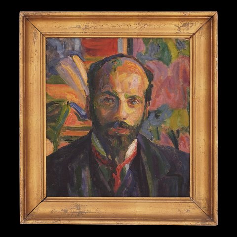 Sigurd Swane kunstnerportræt. Sigurd Swane, 
1879-1973, olie på lærred. Portræt af kollegaen 
Axel P. Jensen. Signeret "SS". Hidrørende fra boet 
efter Axel P. Jensen. Lysmål: 39x35cm. Med ramme: 
51x47cm