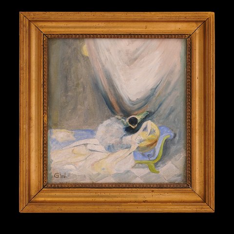 Gerda Wegener, 1886-1940, oil on canvas on plate. 
Signed. Harlequin and Colombine. Visible size: 
27x25cm. With frame: 38x36cm