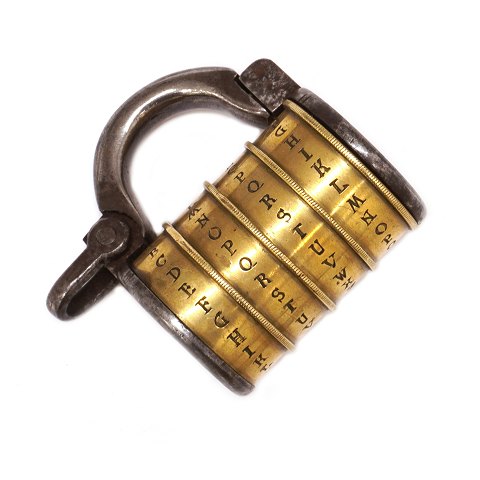 Früher Barocker Vorhängeschloss mit 
Buchstabenkombination aus Messing und Eisen. 
Masse: 6,5x6cm