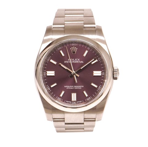 Rolex Oyster Perpetual Ref. 116000 Red Grape år 
2018 med box og papirer fra europæisk AD. God 
stand. D: 36mm