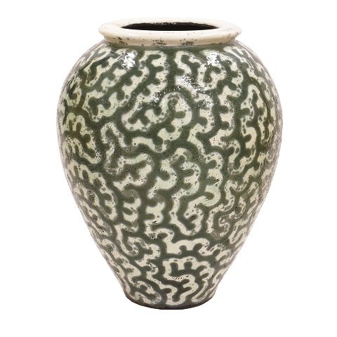 Large Per Weiss, Denmark, stoneware glazed vase 
with organic patterns. Signed. H: 55cm. D: 40cm