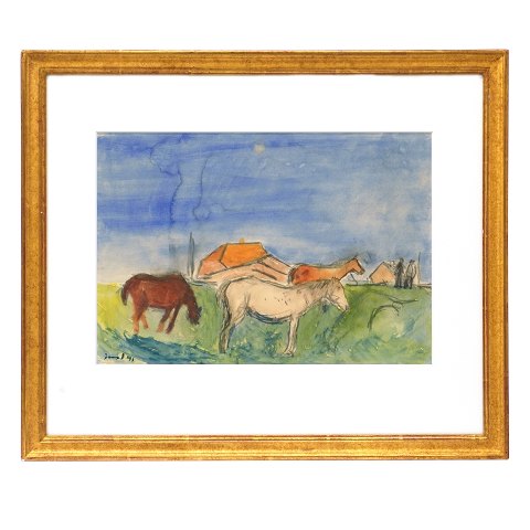 Jens Søndergaard, 1895-1957, Aquarell mit Motiv in 
Form von Pferden, Häusern und Menschen. Signiert 
und datiert 1941. Lichtmasse: 25,5x36,5cm. Mit 
Rahmen: 45x53cm
