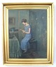 Laura 
Guldbrandsen 
(1866 -), 
Dänemark: Eine 
junge Frau 
anprobiert 
Schmücken vor 
dem Spiegel. Öl 
...