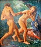 Dänischer 
Künstler, 20. 
Jahrestag.
Ein Mann 
verführt eine 
nackte Frau im 
Wald. Öl auf 
dem ...