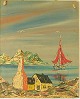 Von Gusiko b. 
1923: Ein Teil 
von Grönland. 
Bygt mit 
Segelschiff und 
schneebedeckten 
Bergen im ...