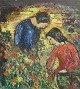 Nielsen, Jens 
(1891 - 1978) 
Dänemark. Zwei 
Menschen, 
Blumen zu 
pflücken. Öl an 
Bord. Signiert: 
...