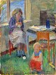 Glysing Jensen, 
Victor (1907 - 
2001) 
D&auml;nemark: 
Interieur szene 
mit Frau und 
Kind. &Ouml;l 
...