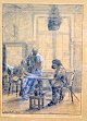 Christensen, Carl. J. (19./20. Jahrhundert) Dänemark: Schack Spieler. Zeichnung auf Papier. ...