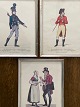 3 alte Drucke in silberfarbenen Holzrahmen von Gerhard Luvig Lahde aus der Serie Kleideranzüge ...