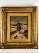 Antikes Gemälde eines Mädchens, das Brennholz sammelt, in einem alten Goldrahmen. 19. ...