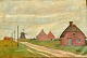 Dänischer Künstler (20. Jahrhundert): Häuser und Mühle an einer Straße. Öl auf Leinwand. ...