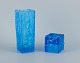 Gullaskruf, Sweden, square-shaped glass vase and candlestick in blue art glass.Modernist ...