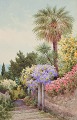 B. Righetti, Italian artist. Watercolor on paper. Southern park scene with a view of the ...
