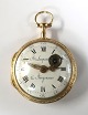 Larpent & Jürgensen (1773-1814). Gold-Herrentaschenuhr 18K (zweifarbig). 
Durchmesser 42 mm. Uhrwerk funktioniert. Es gibt eine Reparatur im Zifferblatt. 
(siehe Foto)