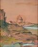 Unknown Danish 
artist. 
Watercolor on 
paper.
Landscape view 
from Bornholm 
with round 
church by ...