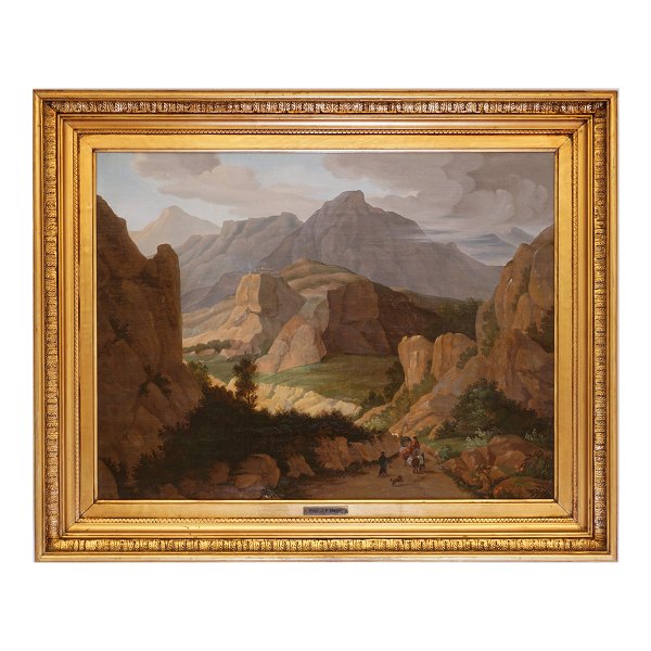 I. P. Møller, 1783-1854, Personen in einer Berglandschaft, Öl auf Leinen. 
Signiert. Lichtmasse: 48x64cm. Mit Rahmen: 64x80cm