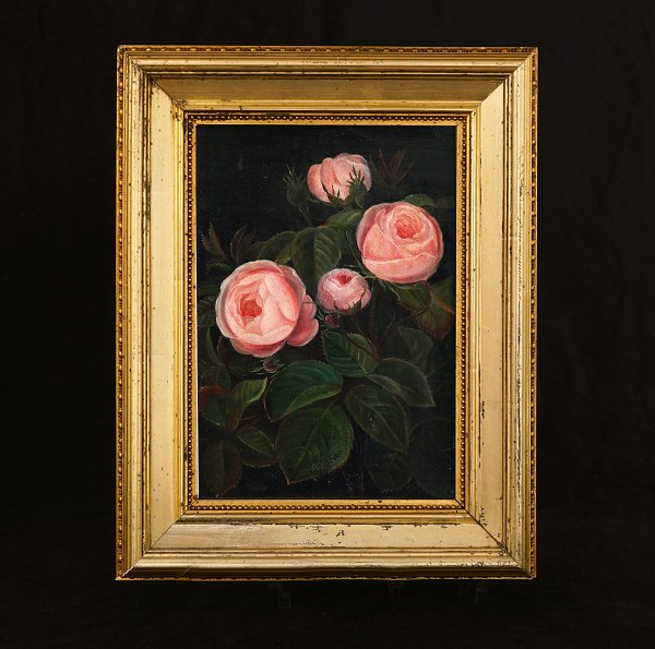 I. L. Jensen, 1800-56, Öl auf Leinen: Blumengemälde mit Rosen. Signiert. 
Lichtmasse: 20,5cmx14cm. Mit Rahmen. 30x23,5cm