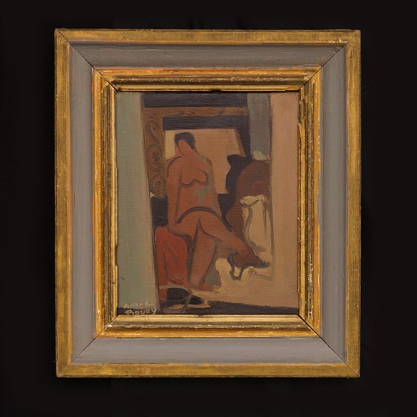 Pierre André Bouey, 1898-1976, Stilleben mit Frau. Öl auf Leinen. Signiert. 
Lichtmasse: 26x21cm. Mit Rahmen: 39x34cm