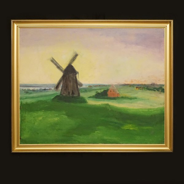 Jens Søndergaard, 1895-1957: Landscape with mill. Oil on canvas. Visible size: 
79x99cm. With frame: 97x112cm