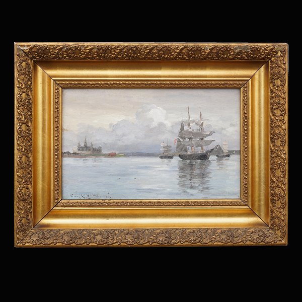 Carl Locher, 1851-1915: Skibe ved Kronborg. Olie på lærred. Signeret. Lysmål: 
22x35cm. Mit Rahmen: 40x53cm