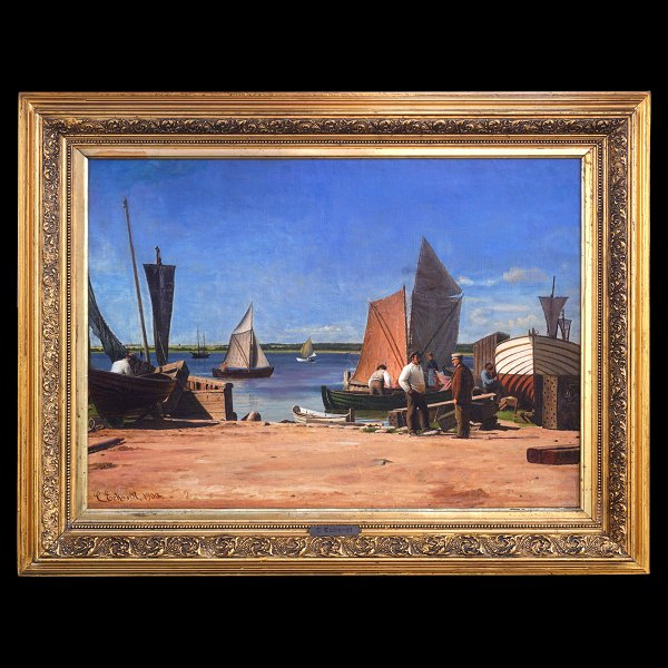 Christian Eckardt, 1832-1914, Öl auf Leinen. Partie mit Fischern am Hafen. 
Signiert und datiert 1900. Lichtmasse: 54x74cm. Mit Rahmen: 75x95cm