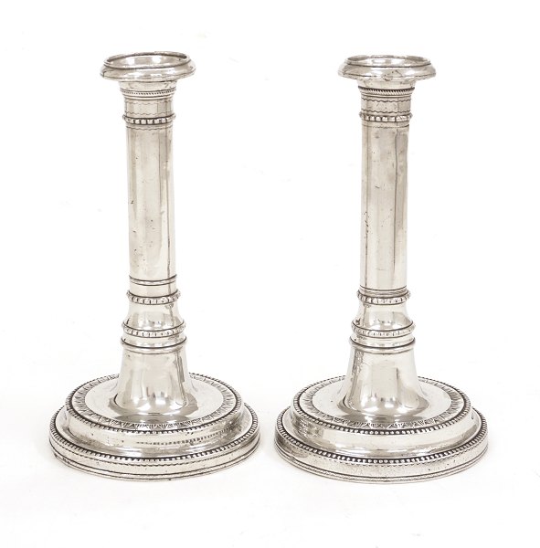 A pair of late 18th century Danish pewter candlesticks by Johan Grønnander, 
Copenhagen. H: 22cm