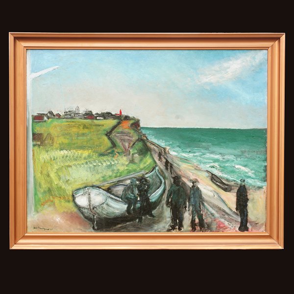 Jens Søndergaard, 1895-1957, olie på lærred. "Bovbjerg Strand" med Ferring by i 
baggrunden. Erhvervet direkte af kunstneren af tidligere ejers familie. Har 
således ikke været i handlen før. Signeret og dateret. Lysmål: 76x99cm. Med 
ramme: 89x112cm