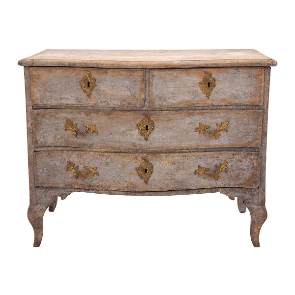 A blue painted Rococo chest of drawers. Sweden circa 1760. H: 78cm. W: 98cm. D: 
55cm