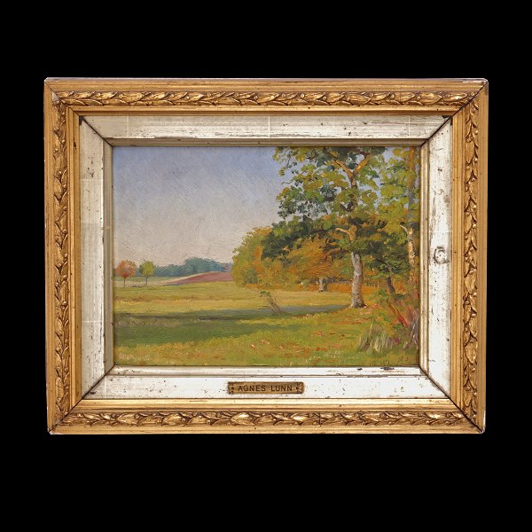 Agnes Lunn, Denmark, 1850-1941, oil on paper. Landscape. Signed and dated 1892. 
Visible size: 14,5x20,5cm. With frame: 23x29cm