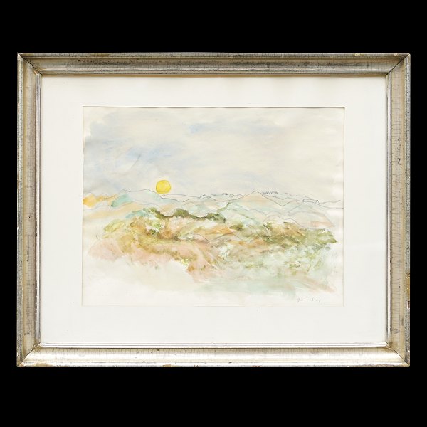 Jens Søndergaard, 1895-1957, Aquarell. Landschaft mit Sonne. Signiert und 
datiert 1951. Lichtmasse: 36x47cm. Mit Rahmen: 57x70cm