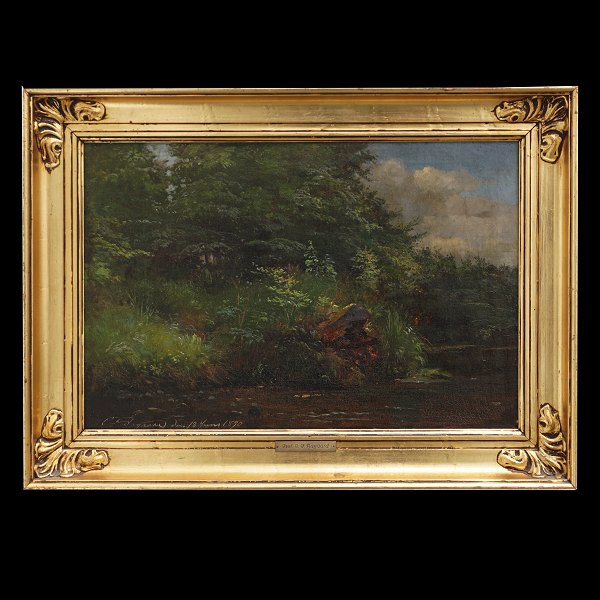 C. F. Aagaard, 1833-95, Öl auf Leinen. Waldpartie mit Wasserlauf. Signiert C. F. 
Aagaard den 18. Juni 1890. Lichtmasse: 33x49cm. Mit Rahmen: 46x52cm