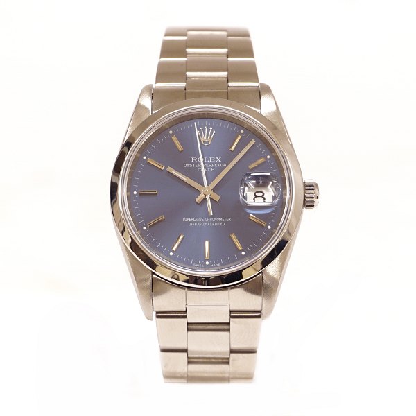 Rolex Oyster Perpetual Date fef. 15200 with blue dial. D: 34mm. Circa year 2000. 
K series. Very nice condition