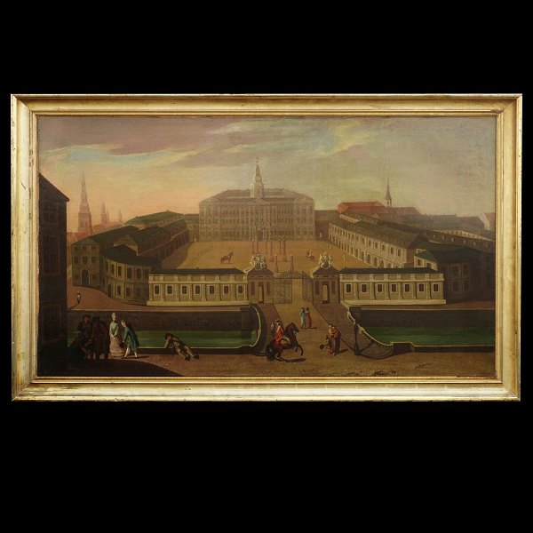 Grosse Partie mit Motiv von Christiansburg, Kopenhagen, und Volksleben im 
Vordergrund. Gemalt um 1755. Lichtmasse: 134x78cm. Mit Rahmen: 147x91cm