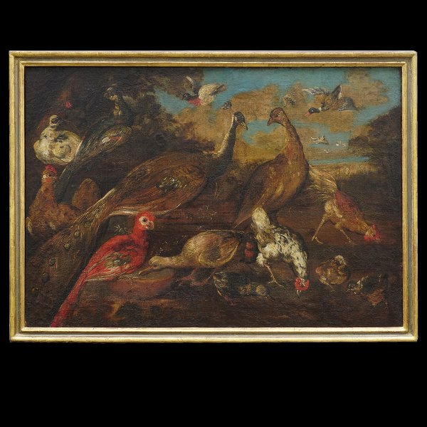 Large stillife, oil on canvas, with birds. Visible size: 81x116cm. with frame: 
91x126cm