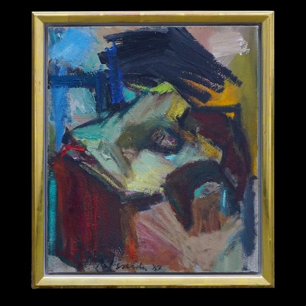 Peter Brandes, b. 1944, oil on canvas. Composition signed and dated 1987. 
Visible size: 46x38cm. With frame: 52x44cm