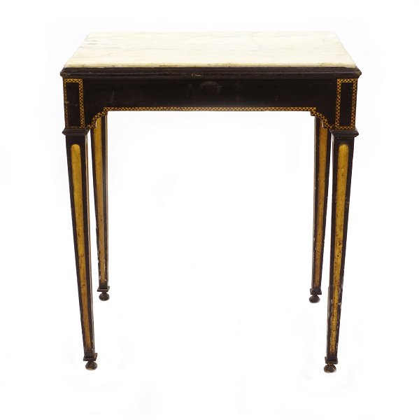 Swedish black decorated and gilt Gustavian marble top console table. Sweden 
circa 1780-1800. H: 72cm. Top: 44x62cm