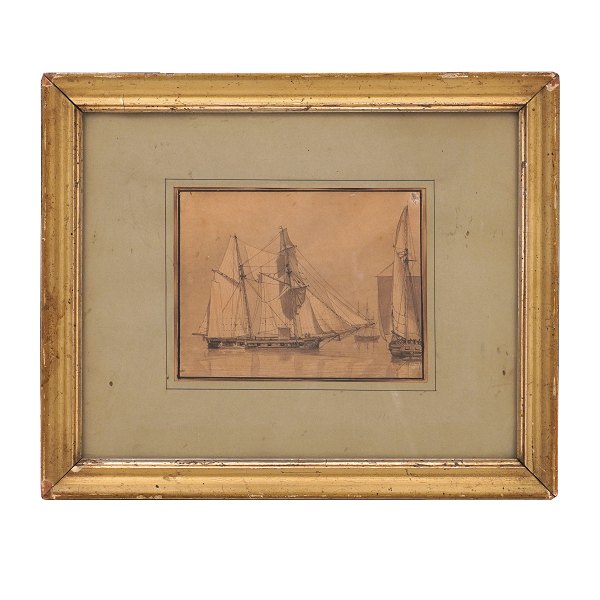 C. W. Eckersberg, 1783-1853, tegning med marinemotiv. Lysmål: 12,5x16cm. Med 
ramme: 27,5x33cm