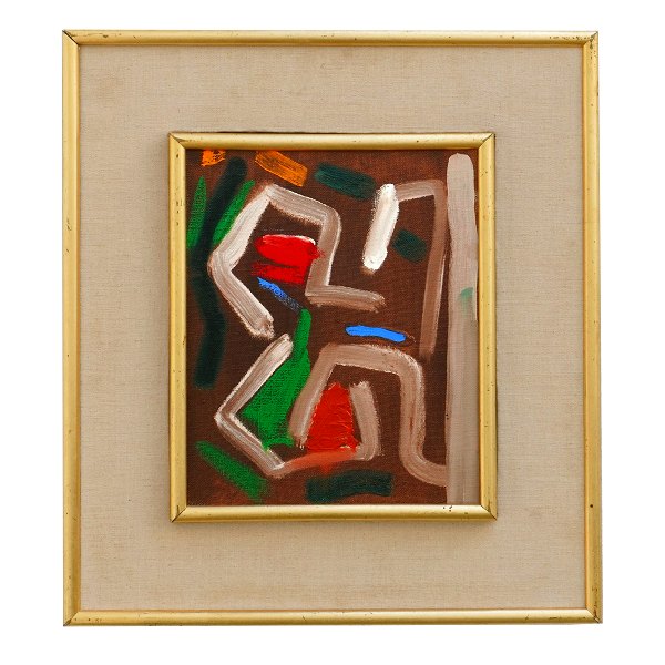 Egon Mathiesen maleri. Egon Mathiesen, 1907-76, olie på lærred. Komposition 
signeret og dateret 1970. Lysmål: 26x21cm. Med ramme: 44x39cm